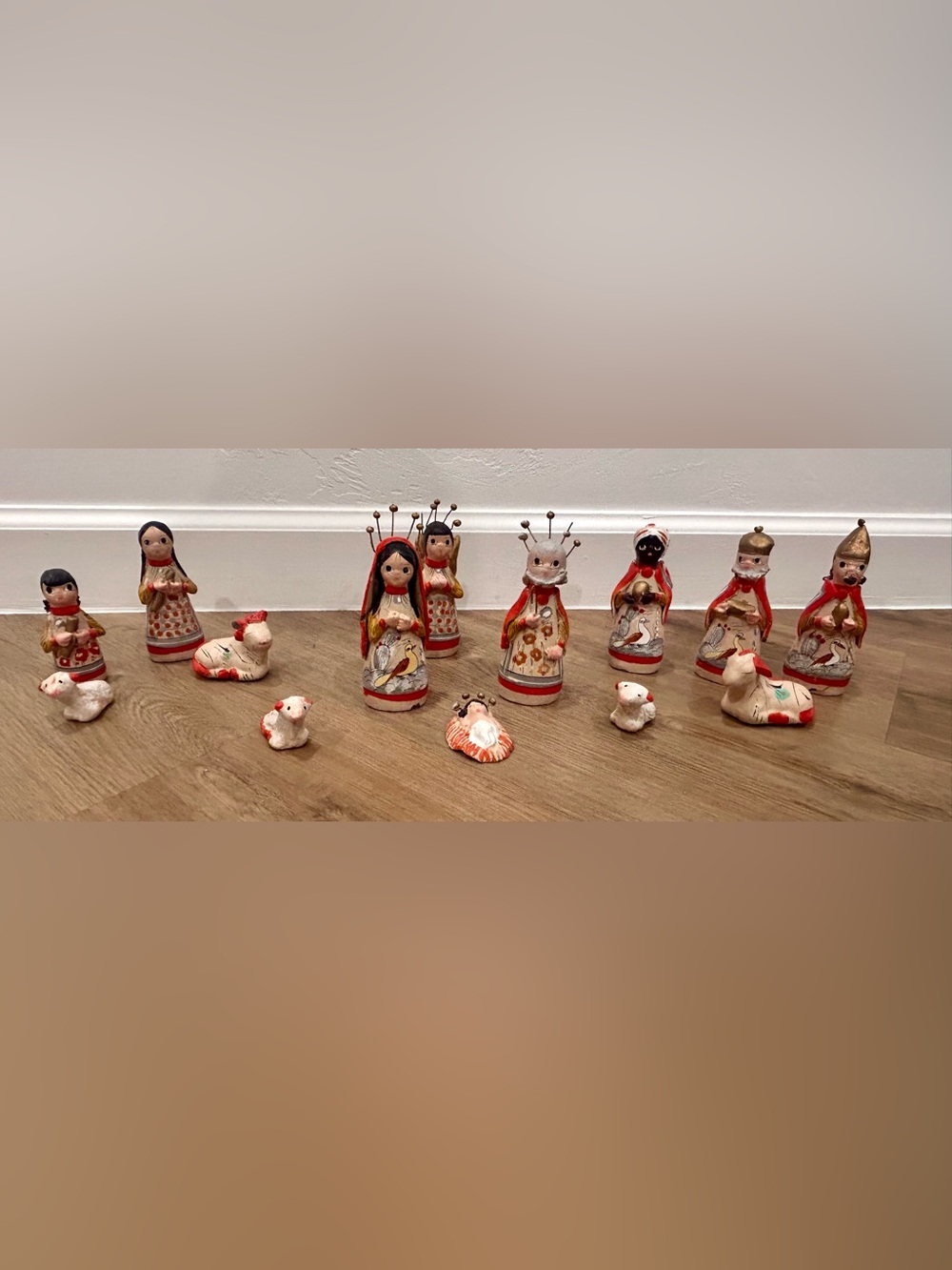 Vintage Mexican Tonala Clay Nativity Set 14 Pc Folk Art Nacimiento